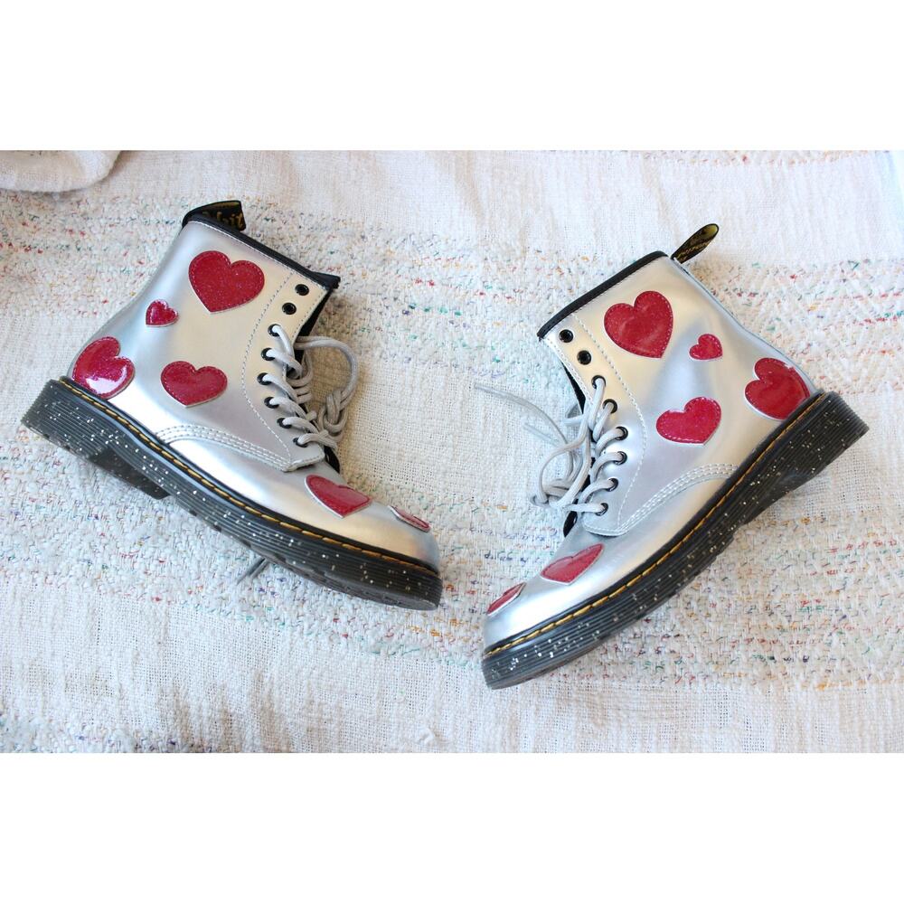 Dr. Martens Silver Glitter Red Heart 1460 J Boots Size W5